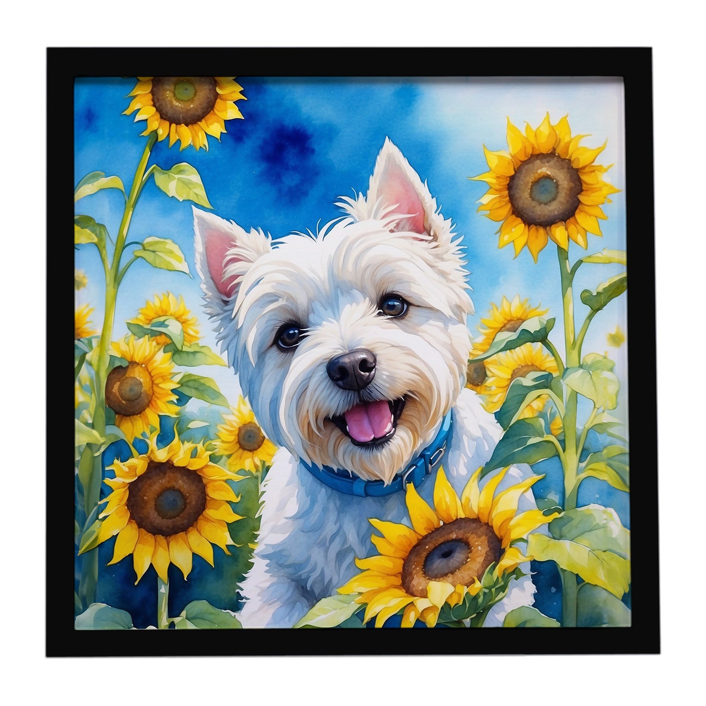 Buy this Westie in Sunflowers Framed Metal Print