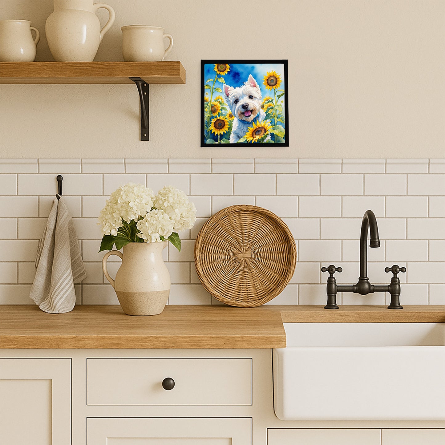 Westie in Sunflowers Framed Metal Print