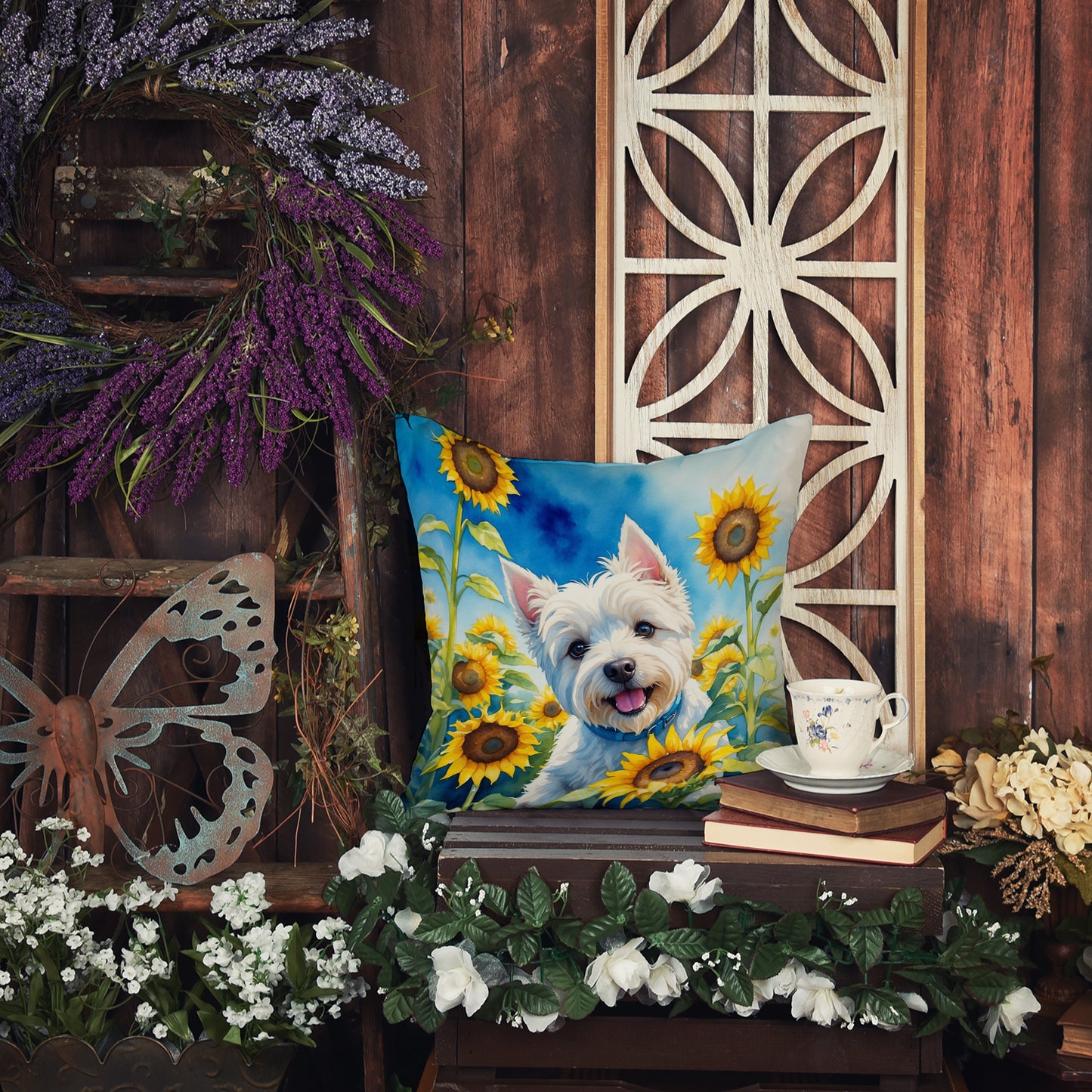 Westie in Sunflowers Throw Pillow