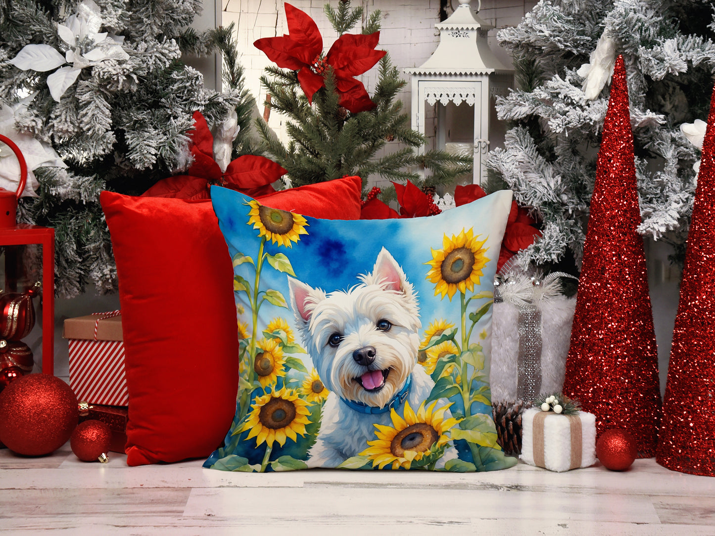 Westie in Sunflowers Throw Pillow