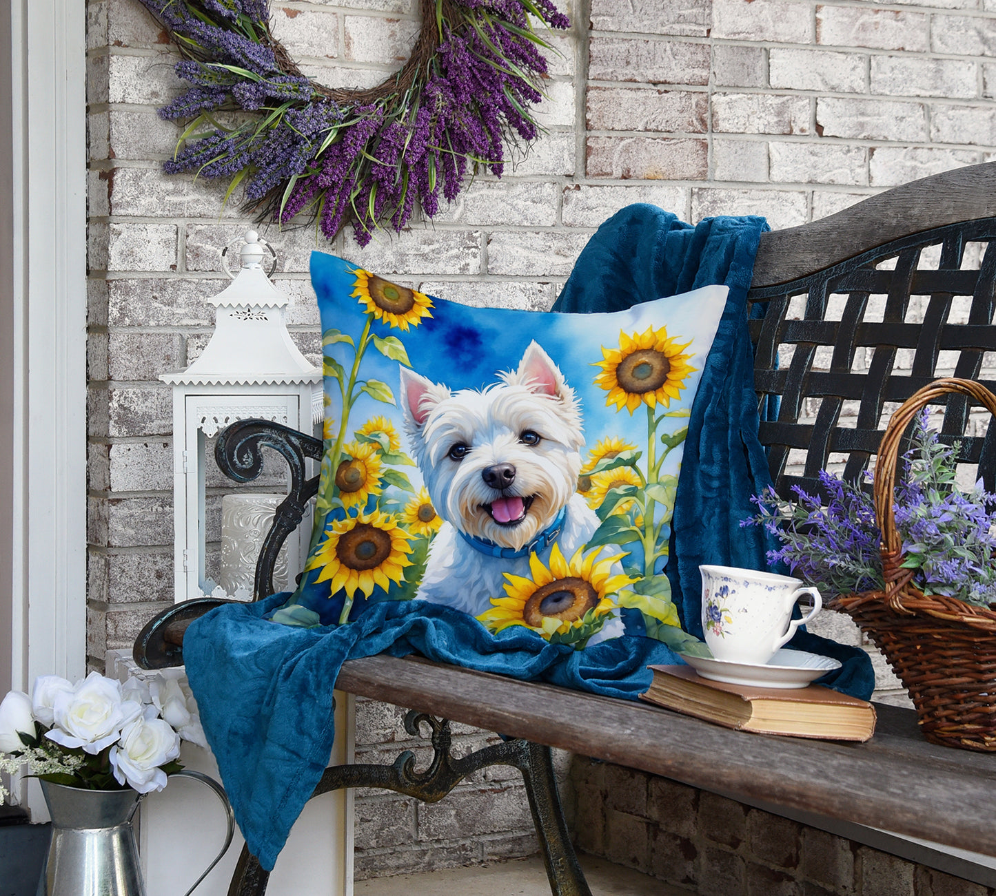 Westie in Sunflowers Throw Pillow