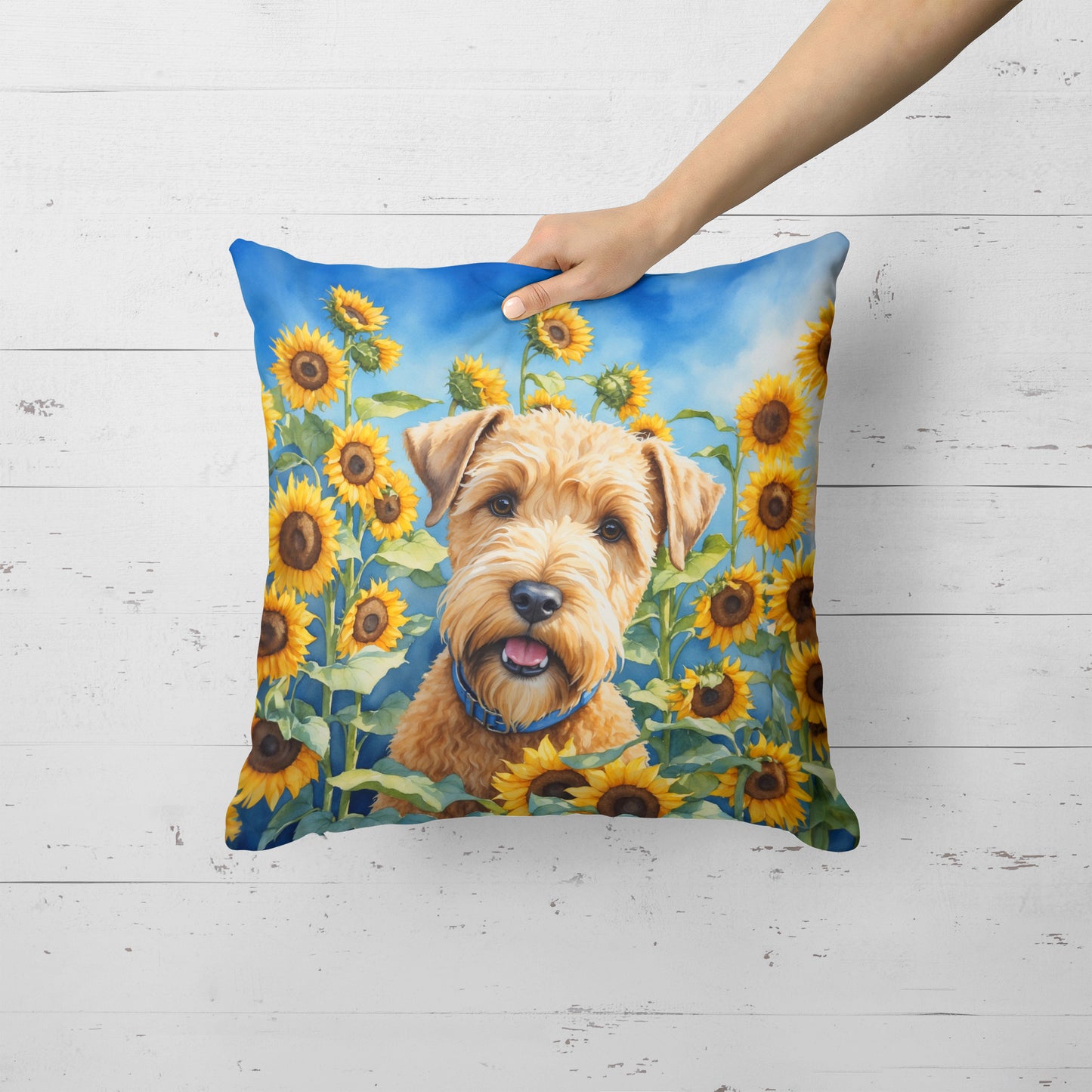 Wheaten Terrier in Sunflowers Throw Pillow