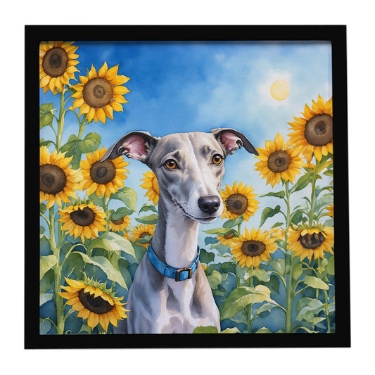 Buy this Whippet in Sunflowers Framed Metal Print