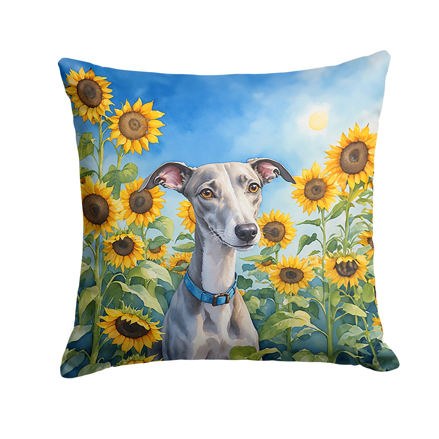 Buy this Whippet in Sunflowers Throw Pillow