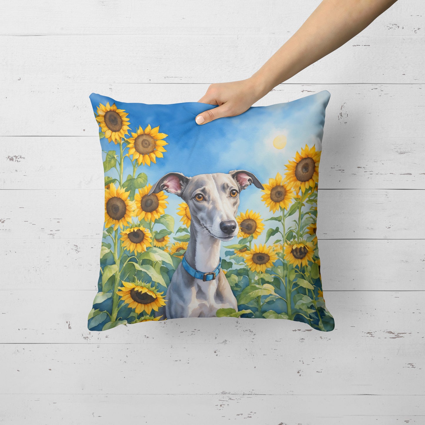 Whippet in Sunflowers Throw Pillow