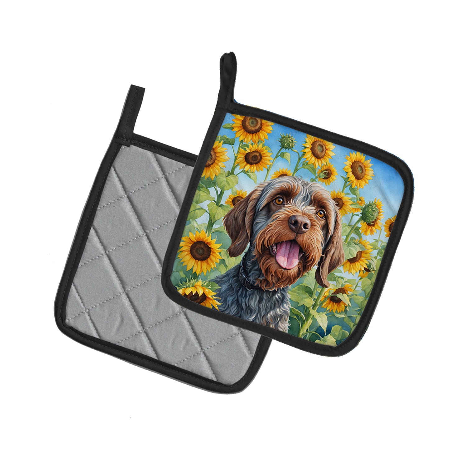 Wirehaired Pointing Griffon in Sunflowers Pair of Pot Holders