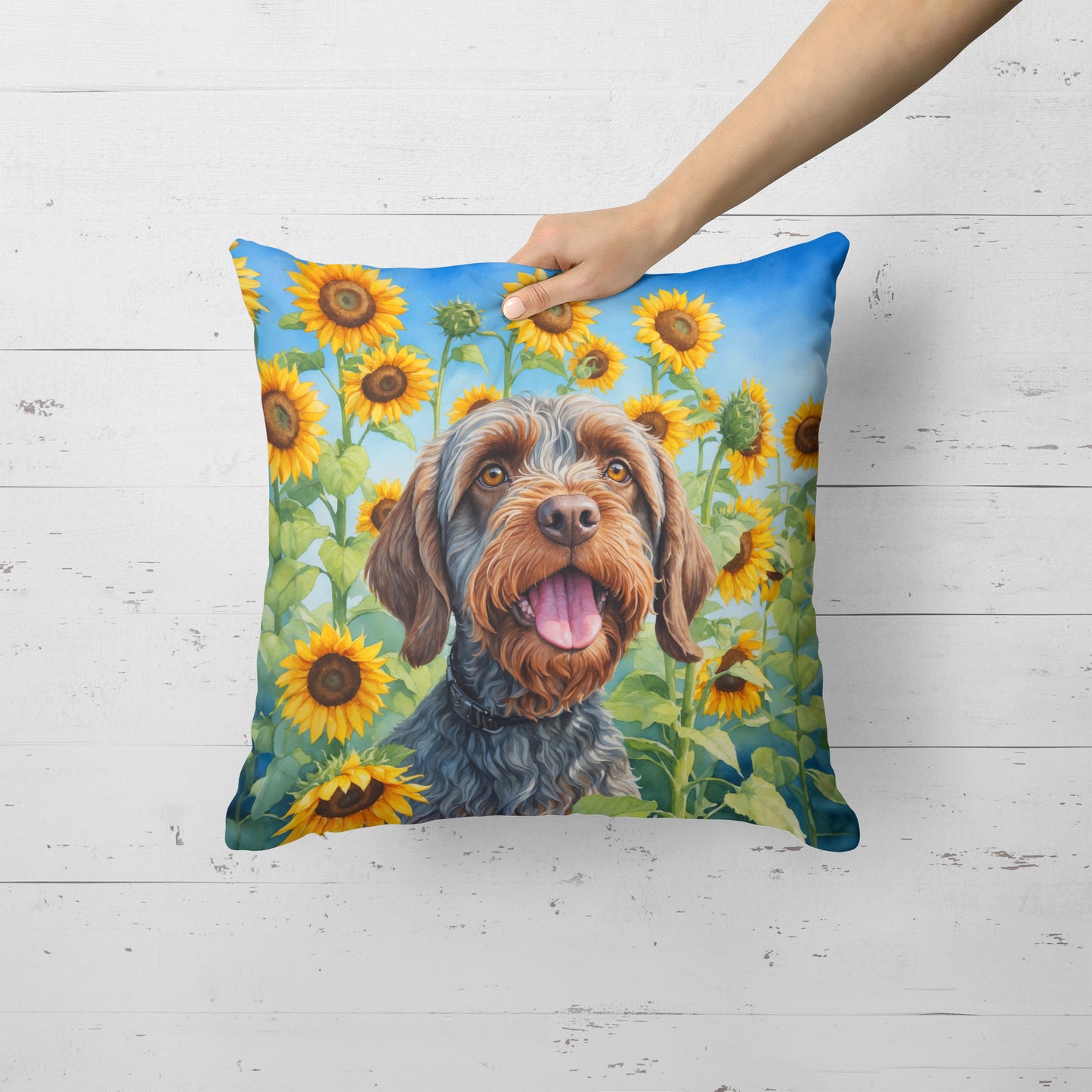 Wirehaired Pointing Griffon in Sunflowers Throw Pillow