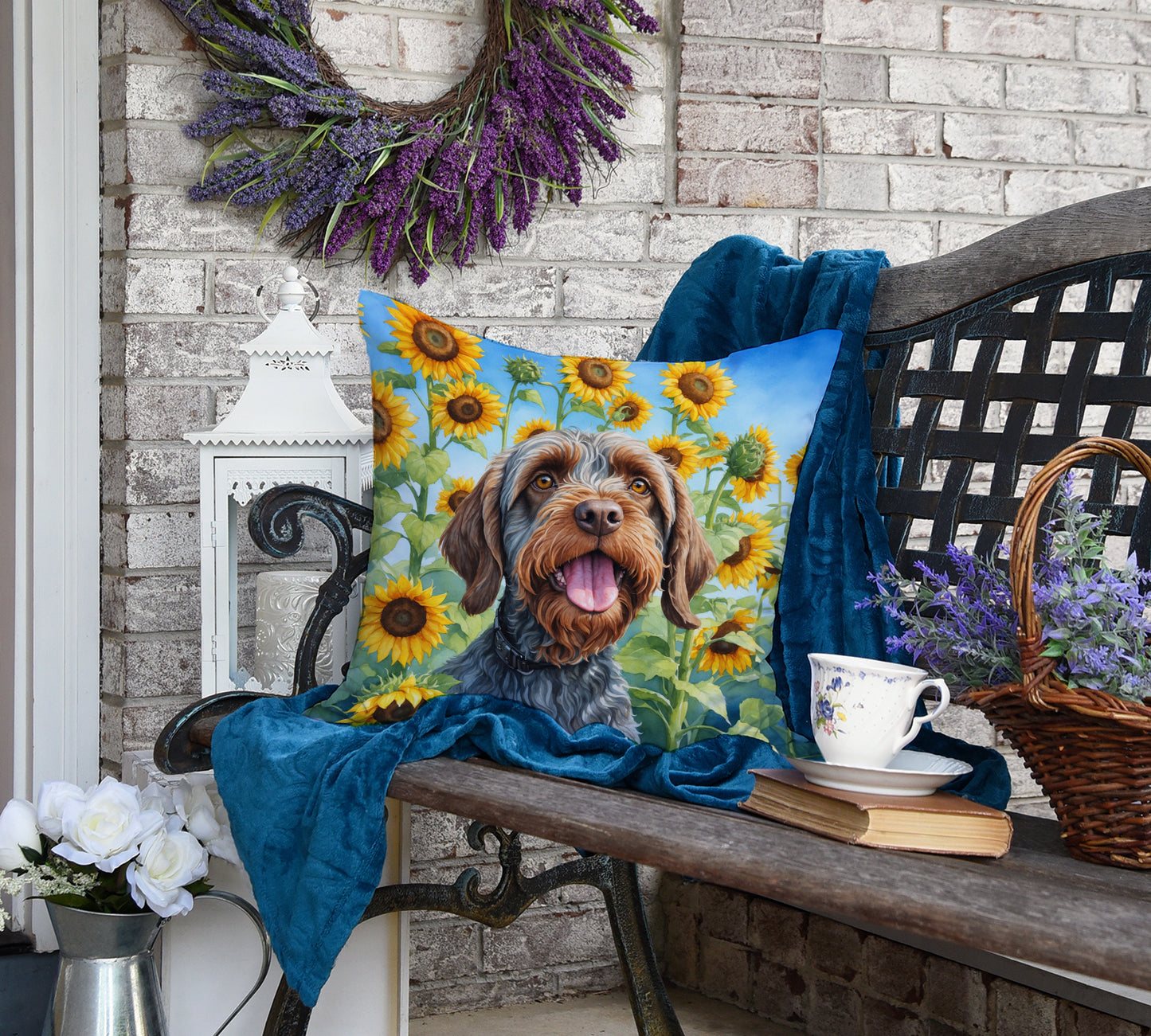 Wirehaired Pointing Griffon in Sunflowers Throw Pillow