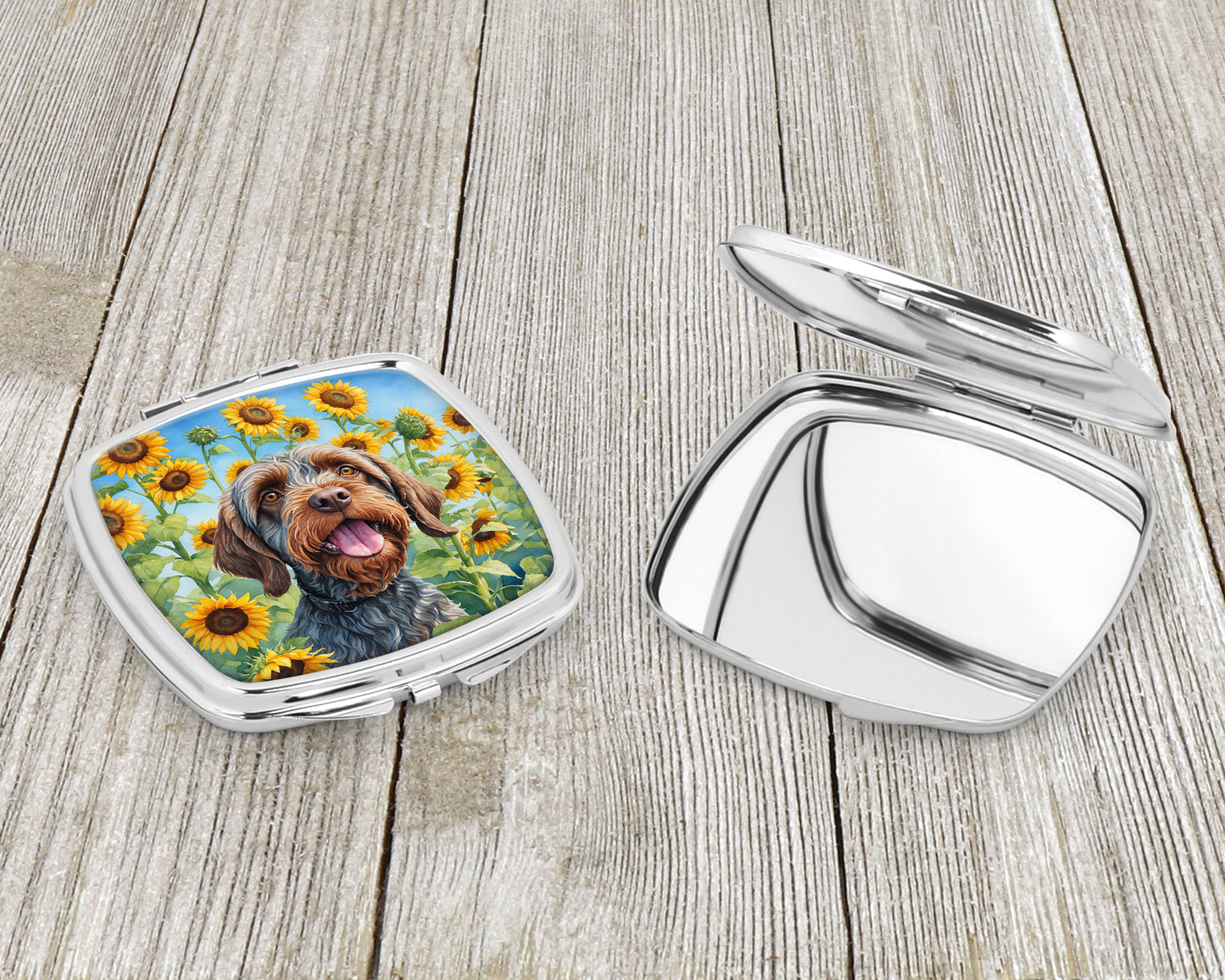 Wirehaired Pointing Griffon in Sunflowers Compact Mirror