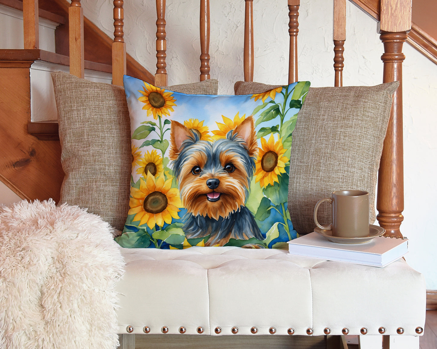 Yorkshire Terrier in Sunflowers Throw Pillow