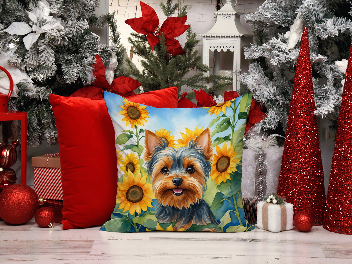 Yorkshire Terrier in Sunflowers Throw Pillow