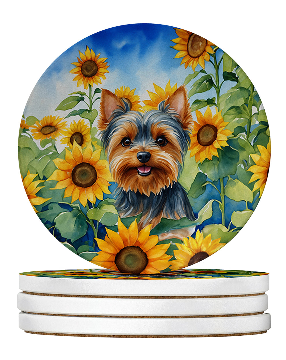 Buy this Yorkshire Terrier in Sunflowers Large Sandstone Coasters Pack of 4