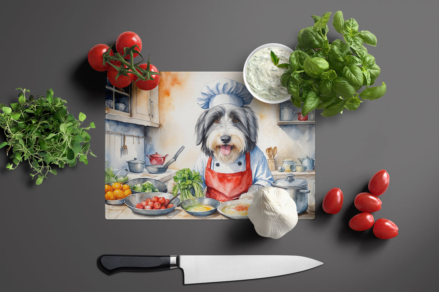 Bearded Collie The Chef Glass Cutting Board