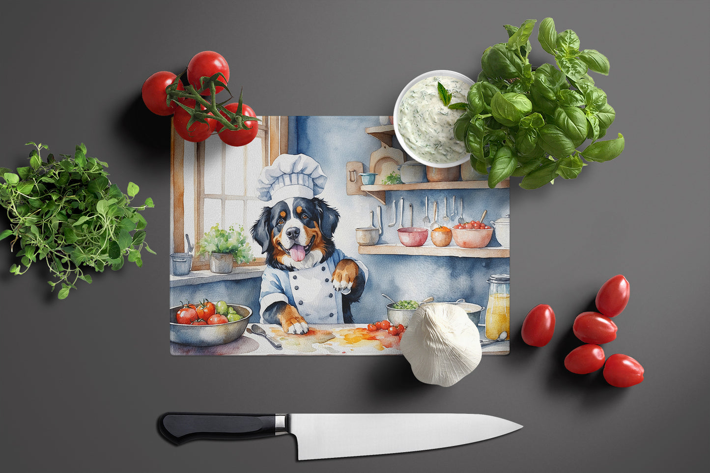 Bernese Mountain Dog The Chef Glass Cutting Board