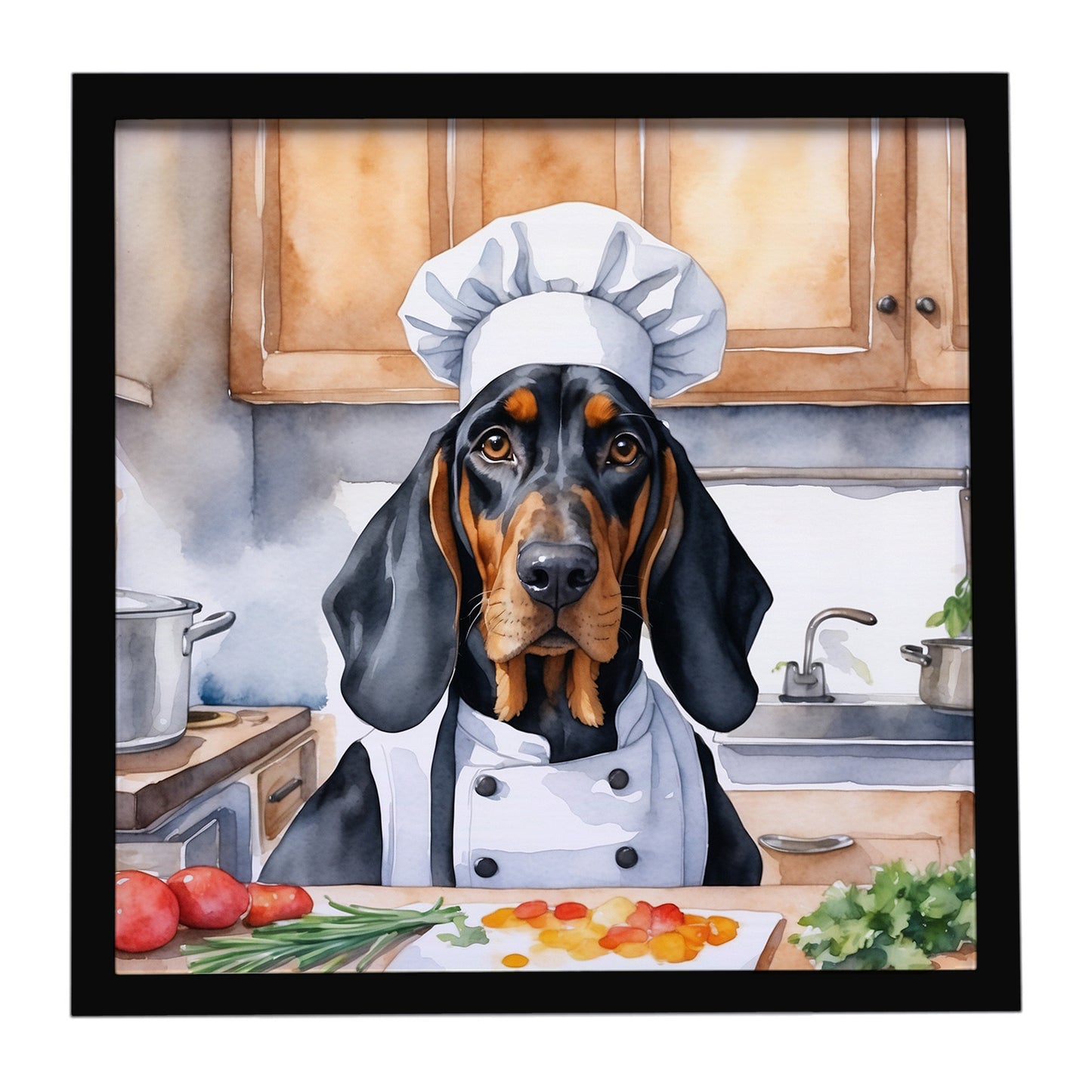 Buy this Black and Tan Coonhound The Chef Framed Metal Print