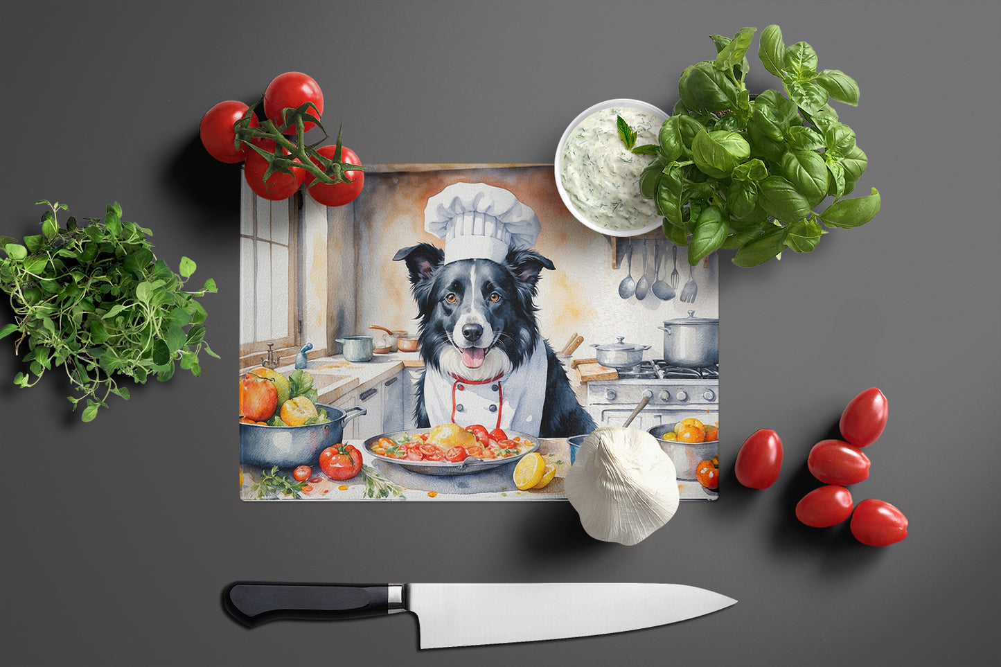 Border Collie The Chef Glass Cutting Board