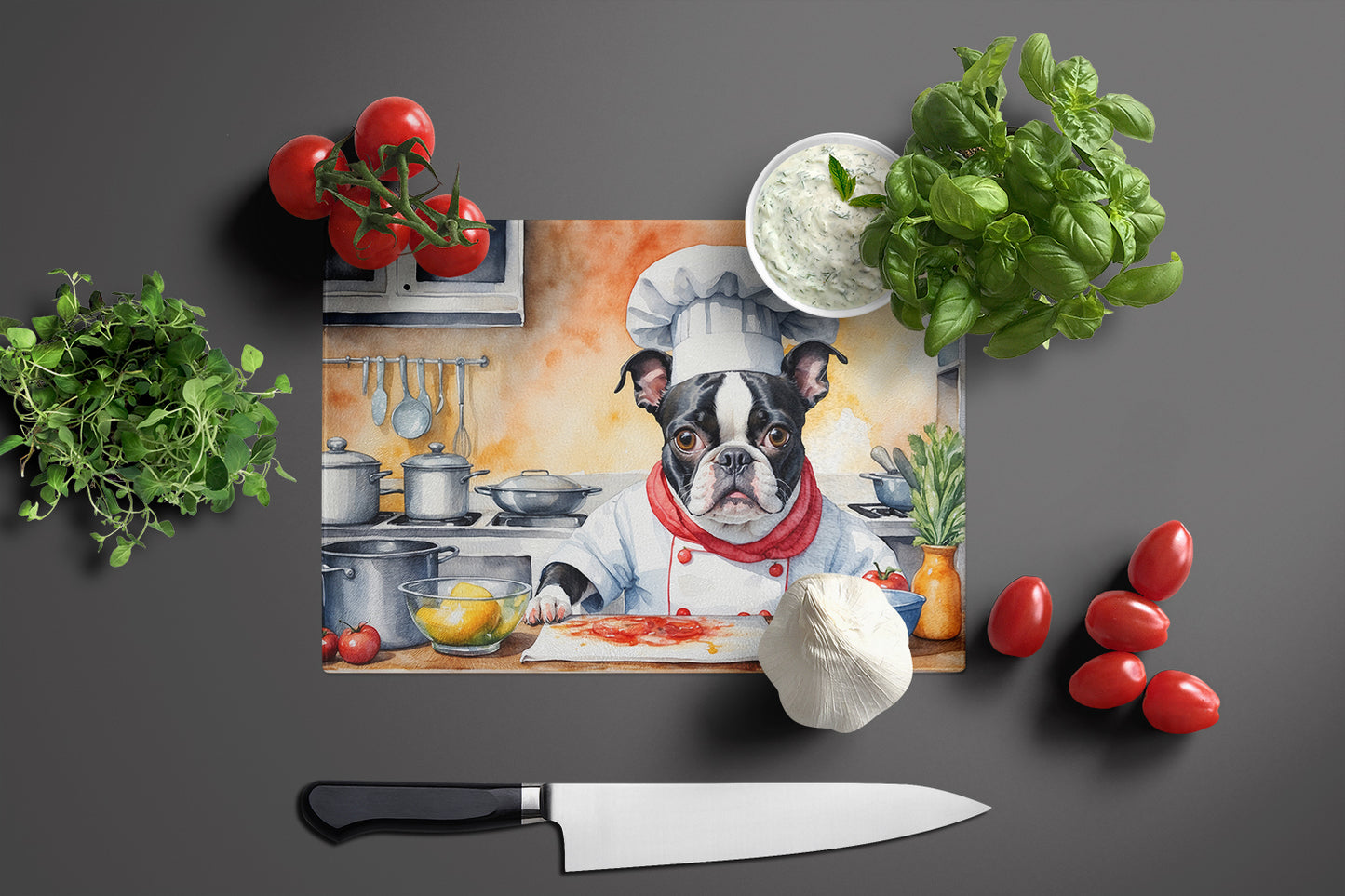 Boston Terrier The Chef Glass Cutting Board