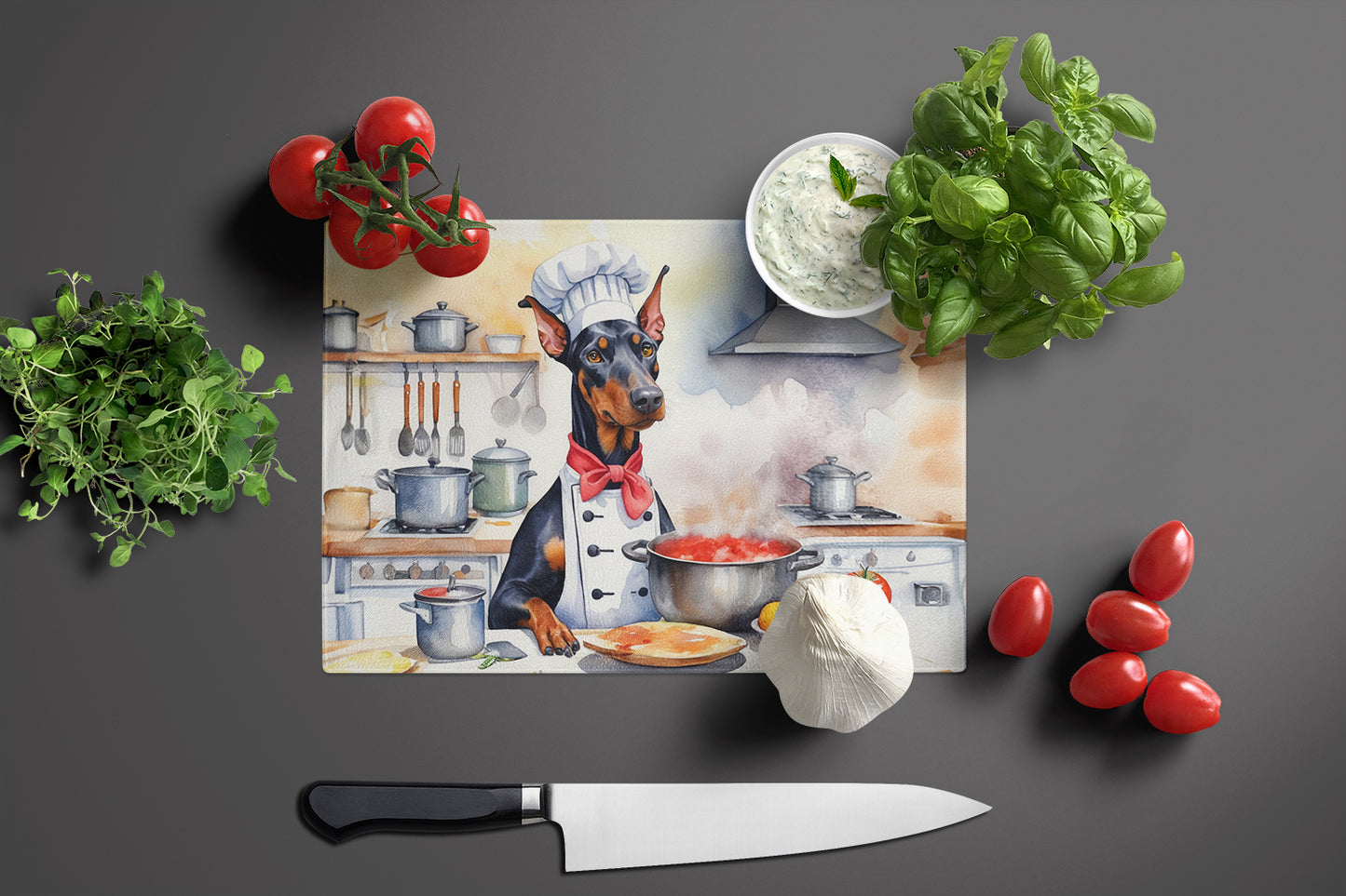 Doberman Pinscher The Chef Glass Cutting Board