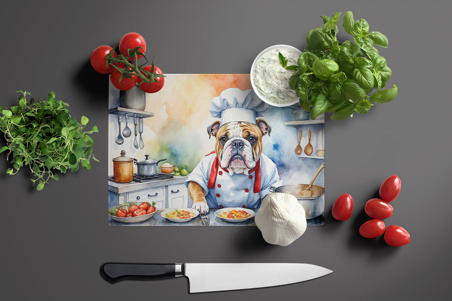 English Bulldog The Chef Glass Cutting Board