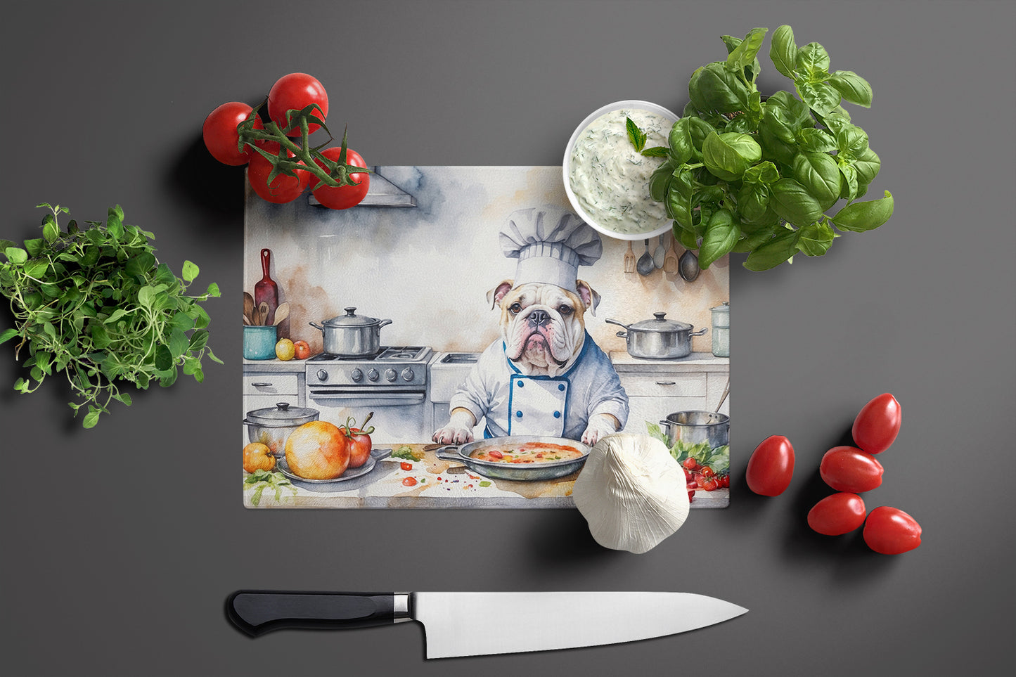 English Bulldog The Chef Glass Cutting Board