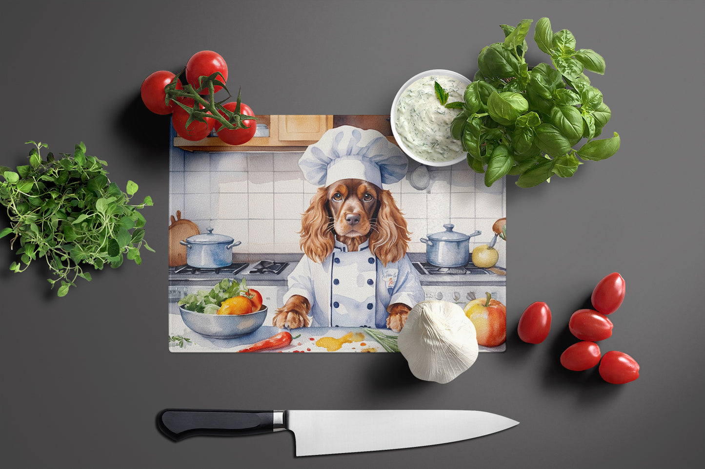 English Cocker Spaniel The Chef Glass Cutting Board