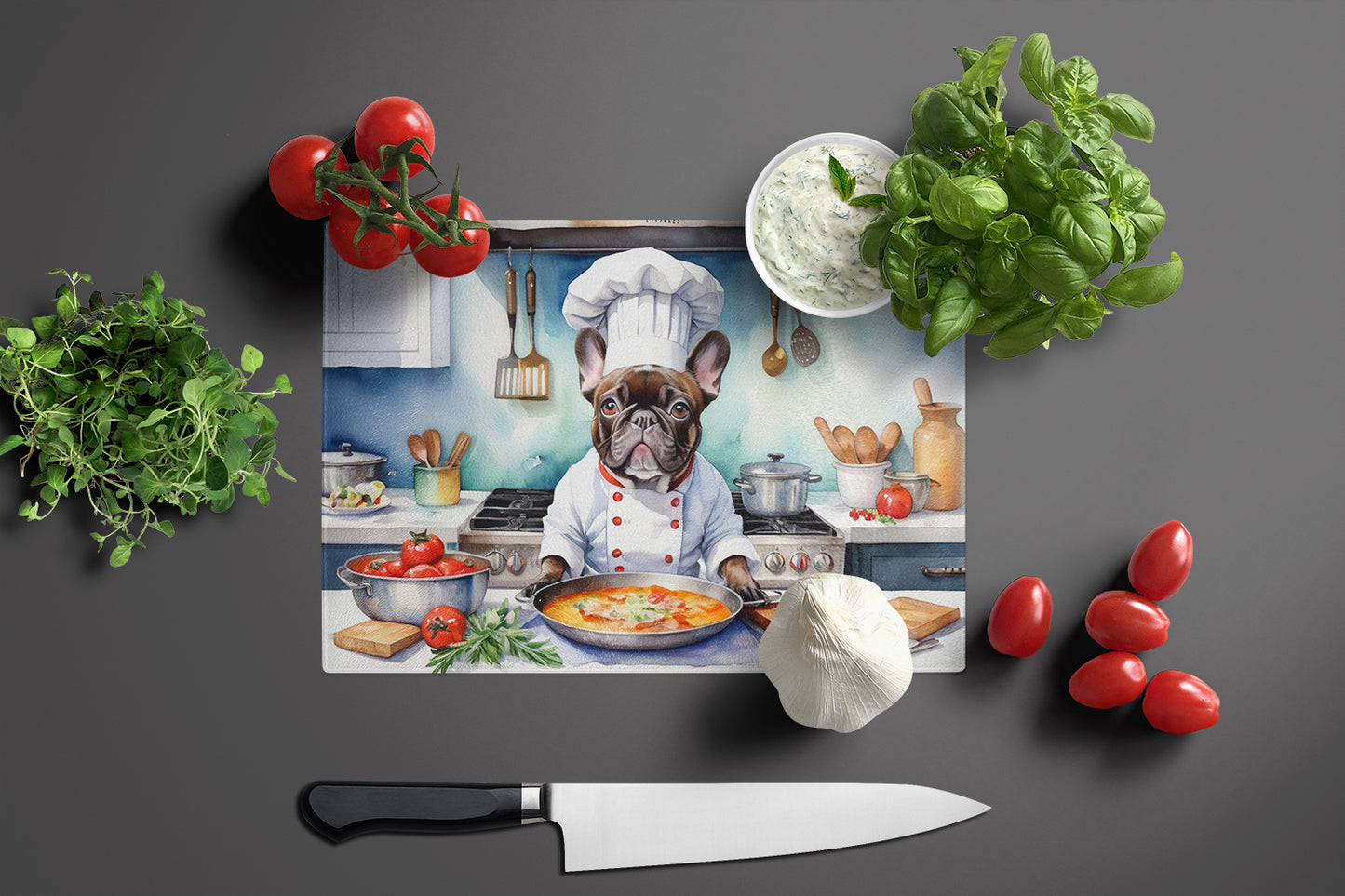 French Bulldog The Chef Glass Cutting Board