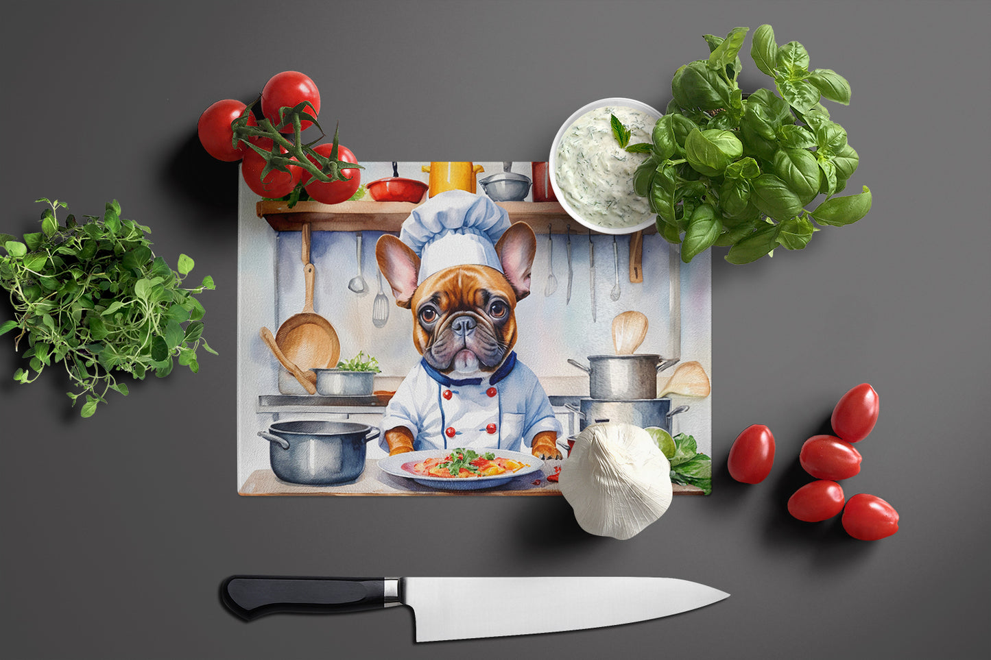 French Bulldog The Chef Glass Cutting Board