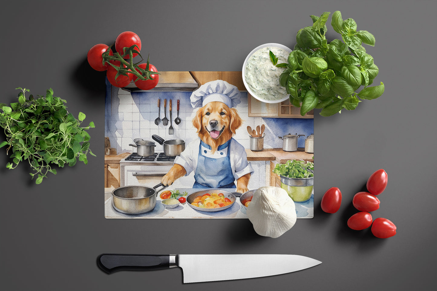 Golden Retriever The Chef Glass Cutting Board