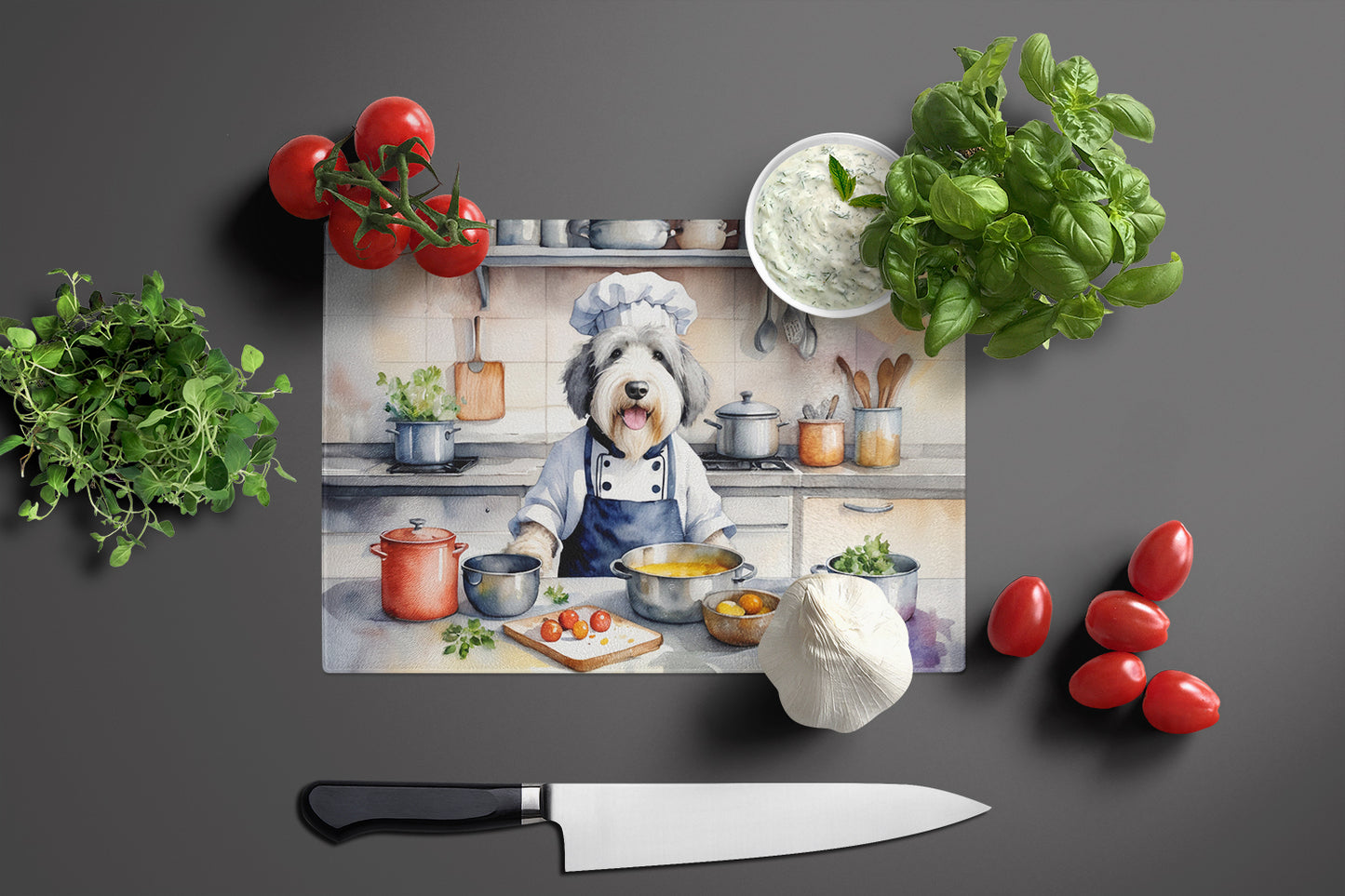 Old English Sheepdog The Chef Glass Cutting Board