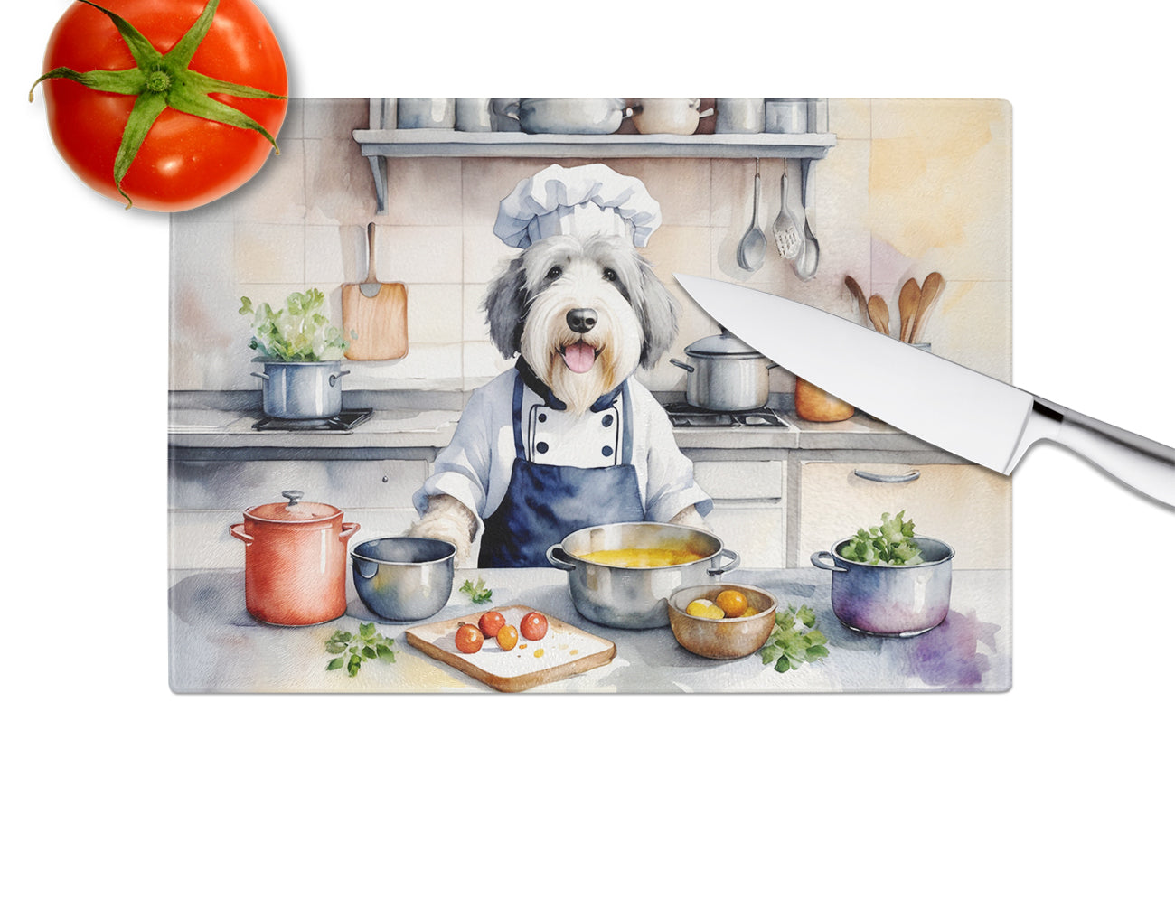 Old English Sheepdog The Chef Glass Cutting Board