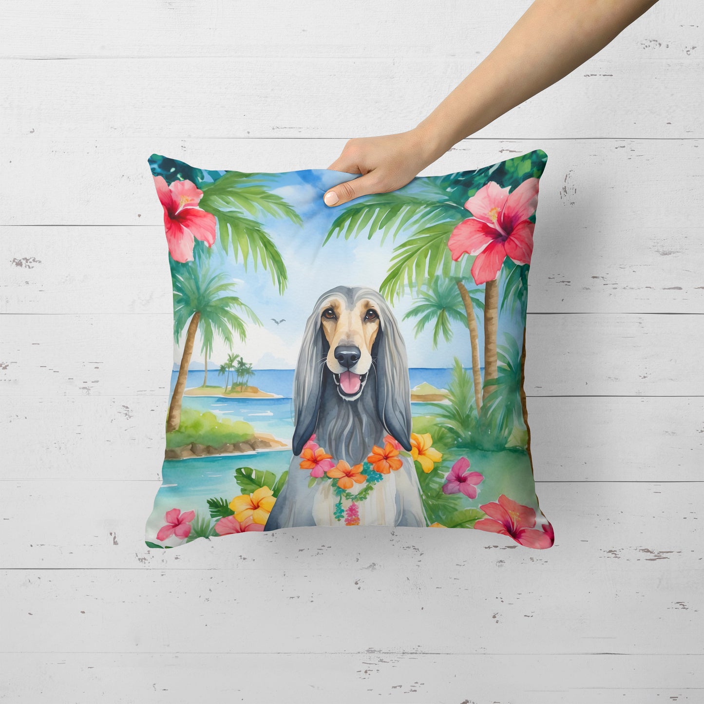 Afghan Hound Luau Throw Pillow