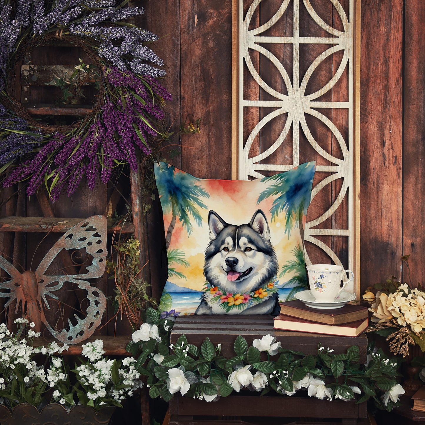 Alaskan Malamute Luau Throw Pillow