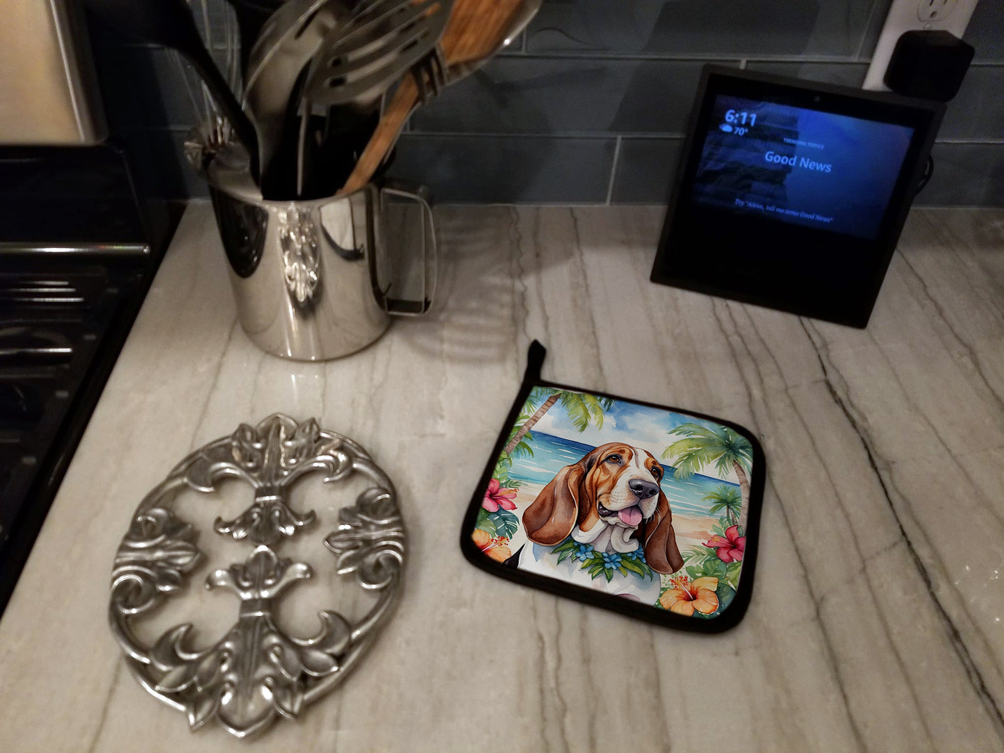 Basset Hound Luau Pair of Pot Holders