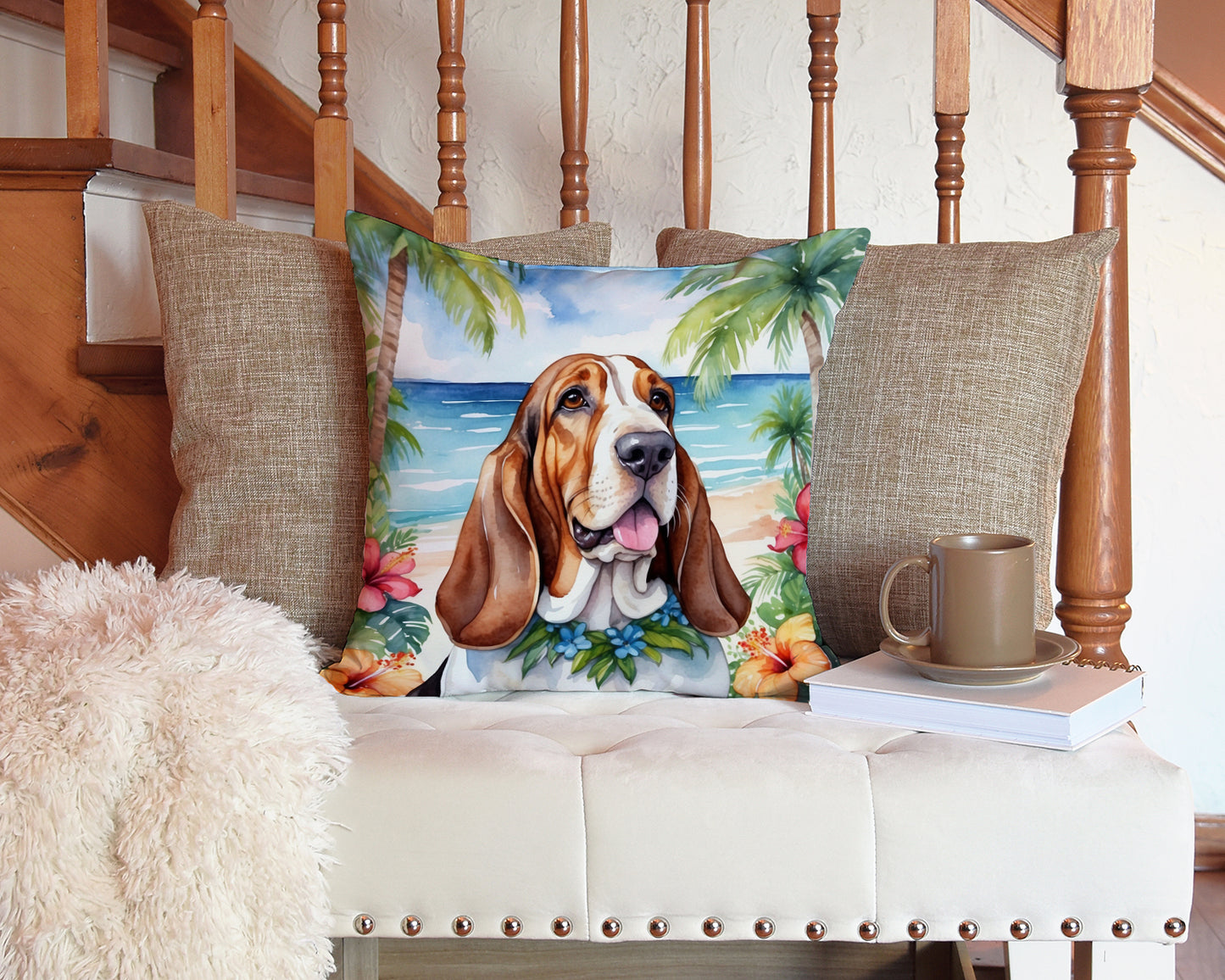 Basset Hound Luau Throw Pillow