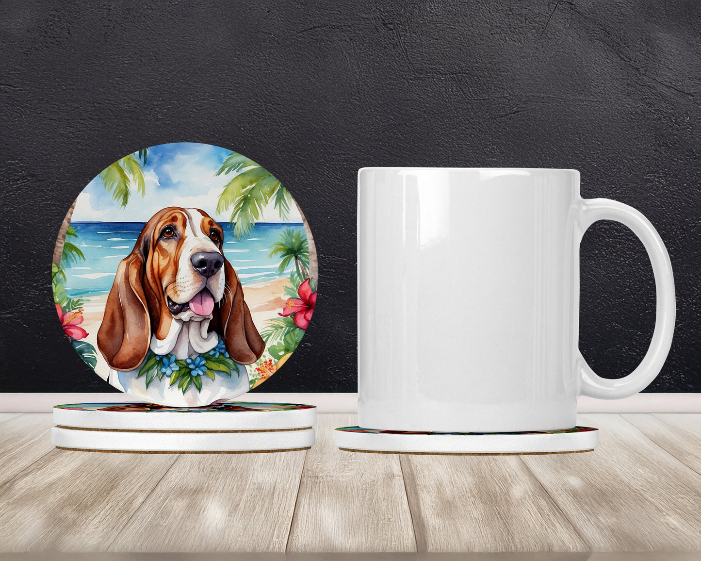 Basset Hound Luau Large Sandstone Coasters Pack of 4