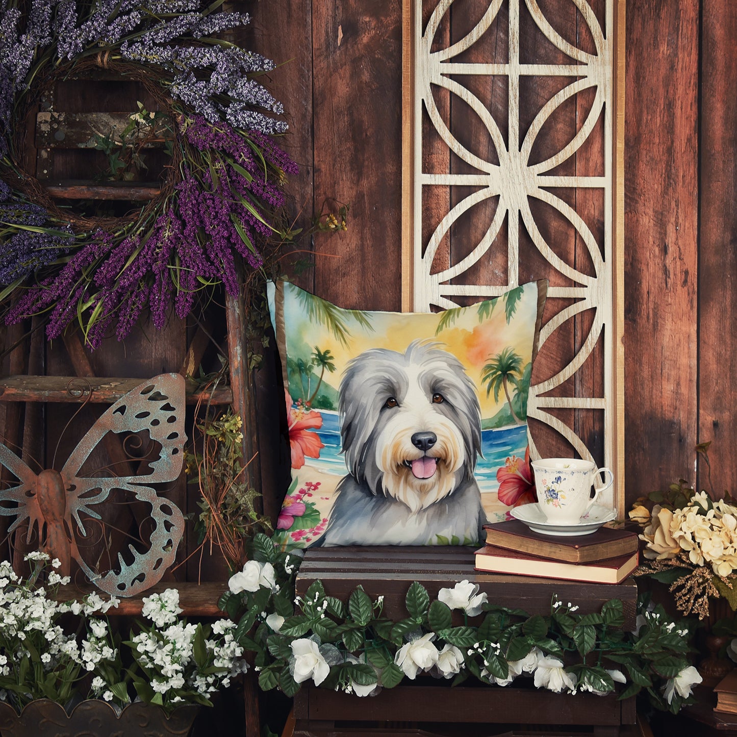 Bearded Collie Luau Throw Pillow