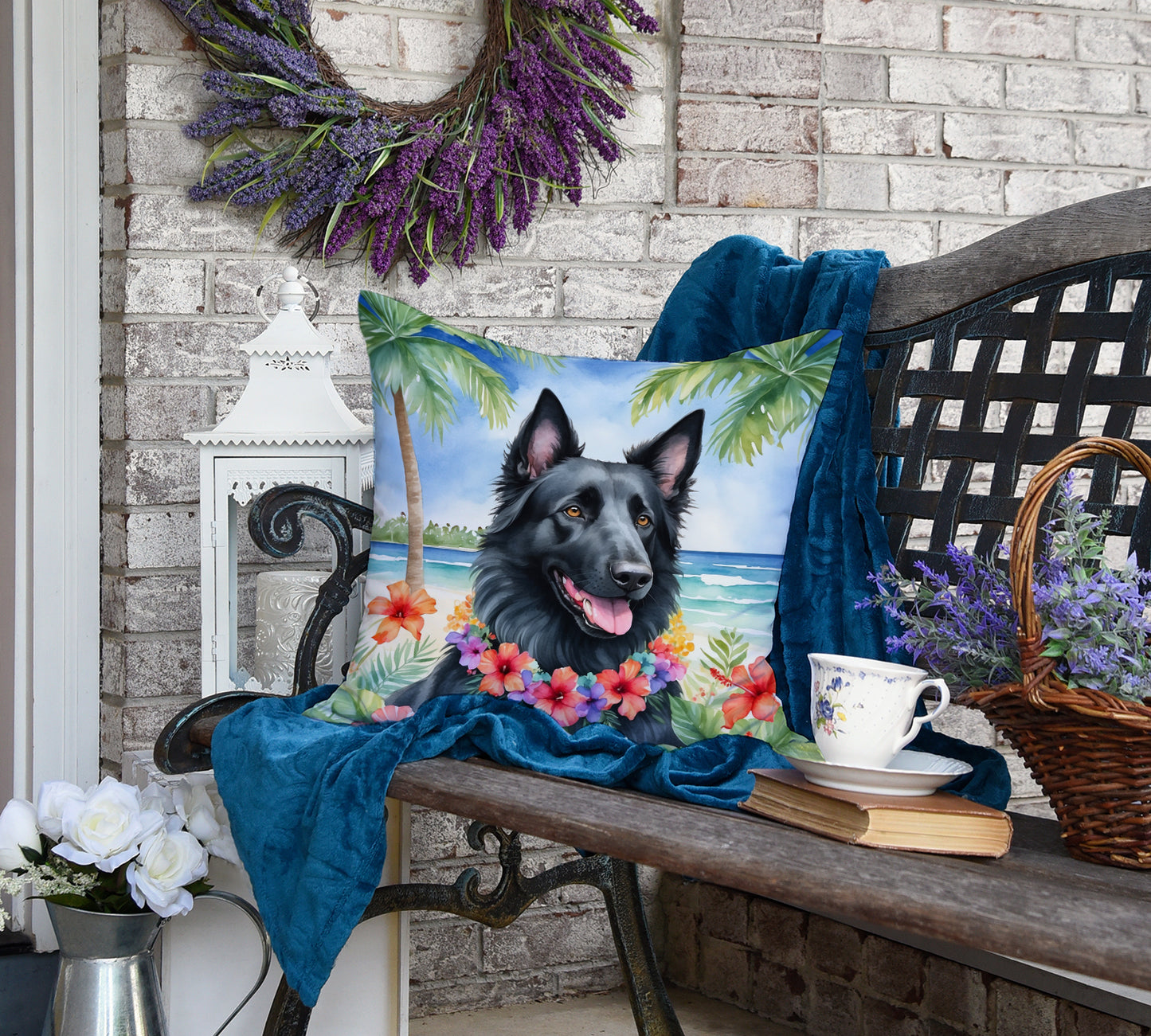 Belgian Sheepdog Luau Throw Pillow