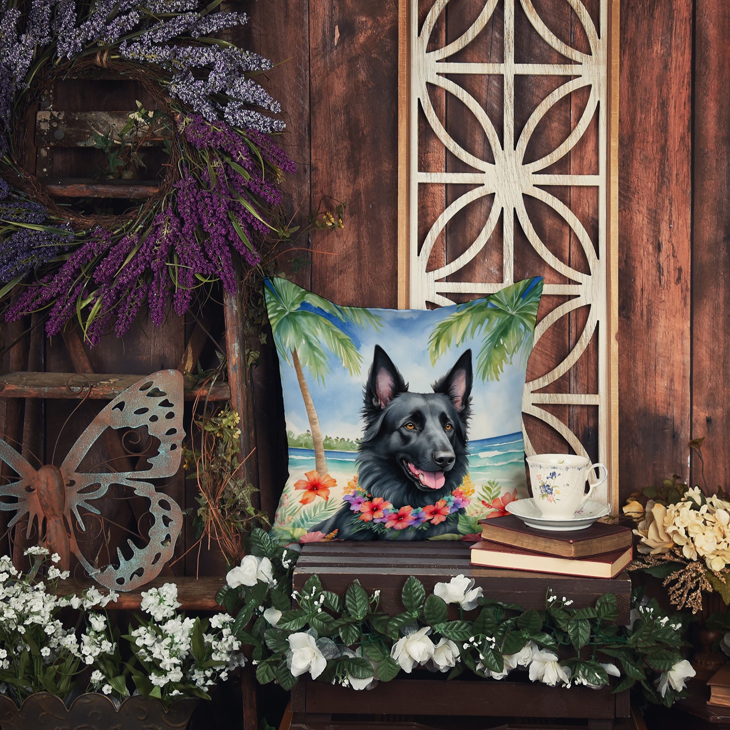 Belgian Sheepdog Luau Throw Pillow