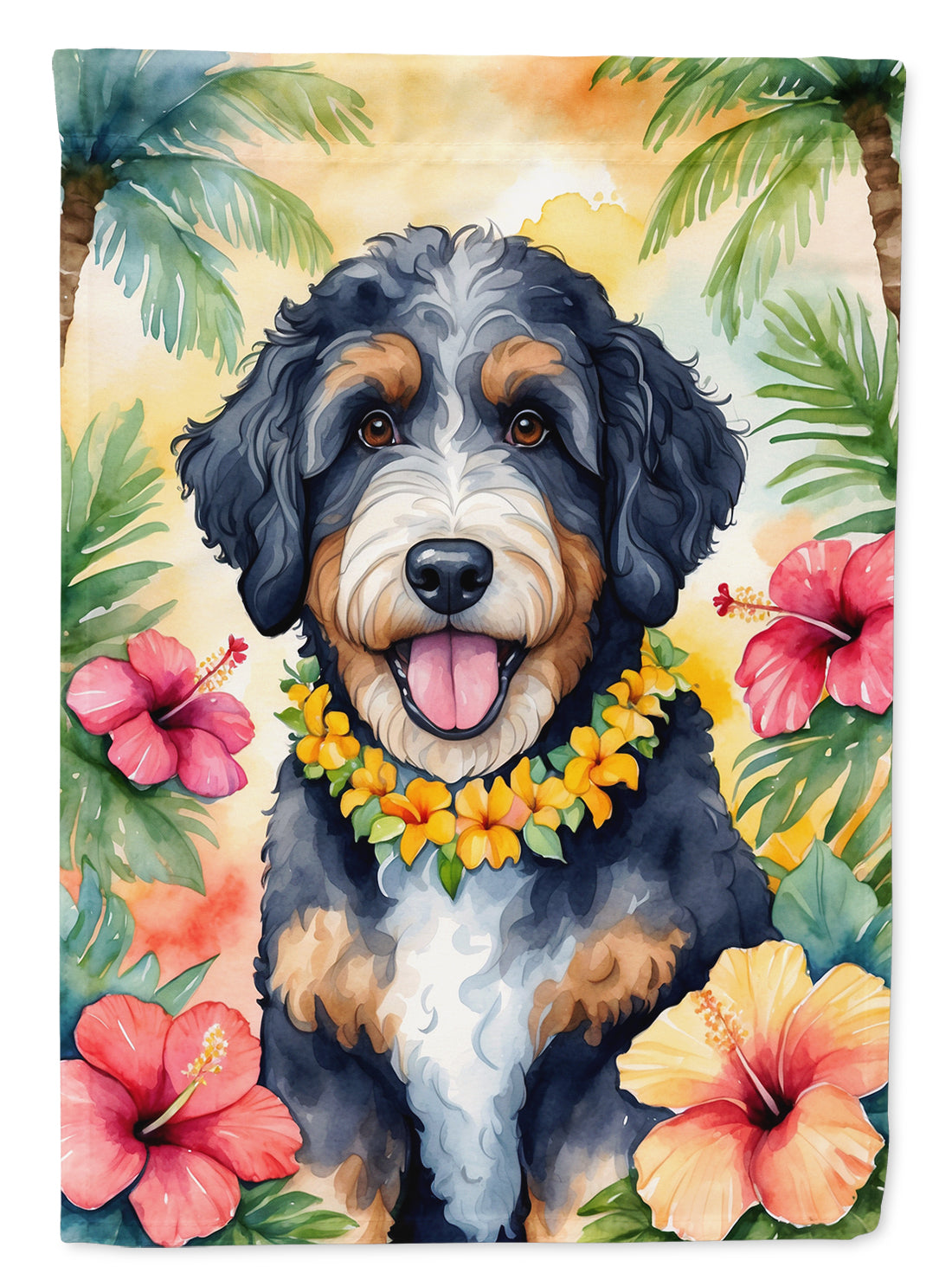 Buy this Bernedoodle Luau Garden Flag