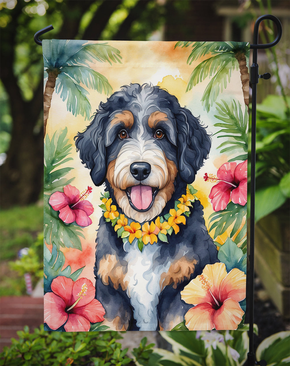 Bernedoodle Luau Garden Flag