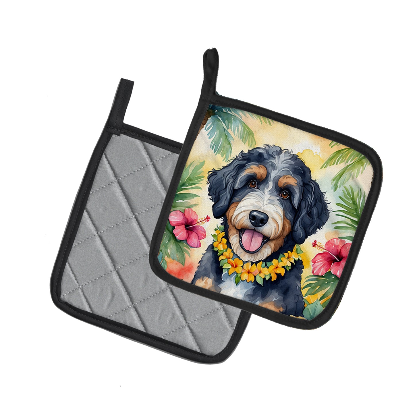 Bernedoodle Luau Pair of Pot Holders