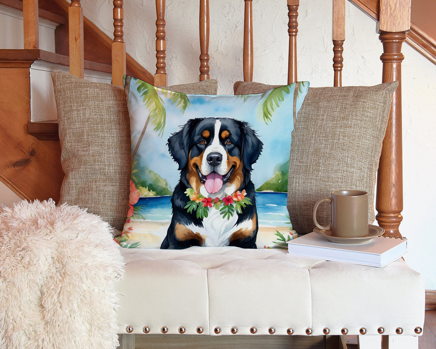 Bernese Mountain Dog Luau Throw Pillow