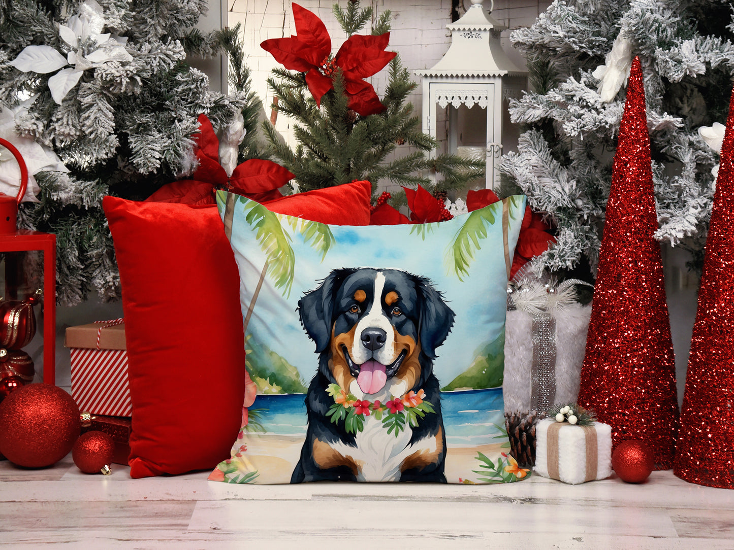 Bernese Mountain Dog Luau Throw Pillow