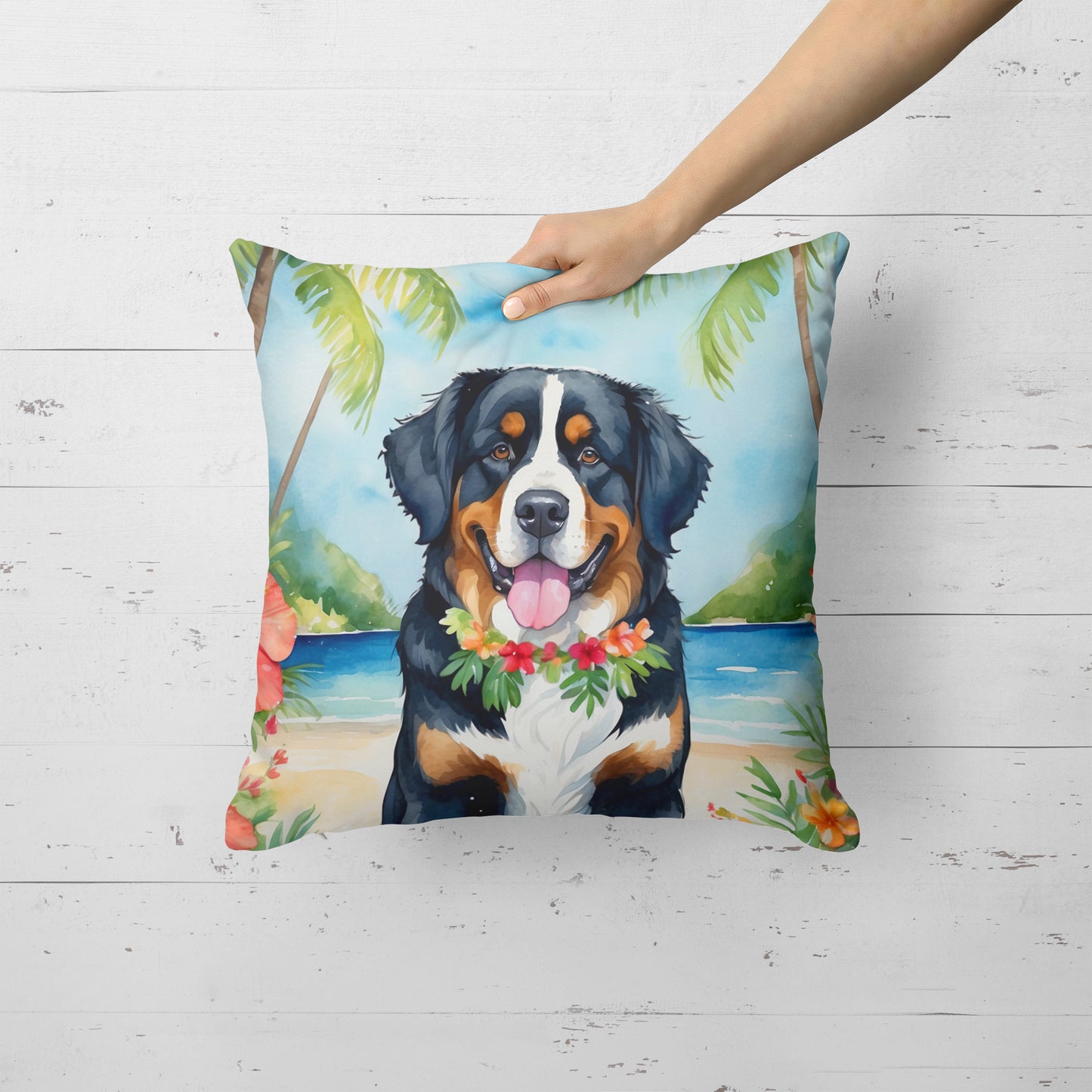 Bernese Mountain Dog Luau Throw Pillow