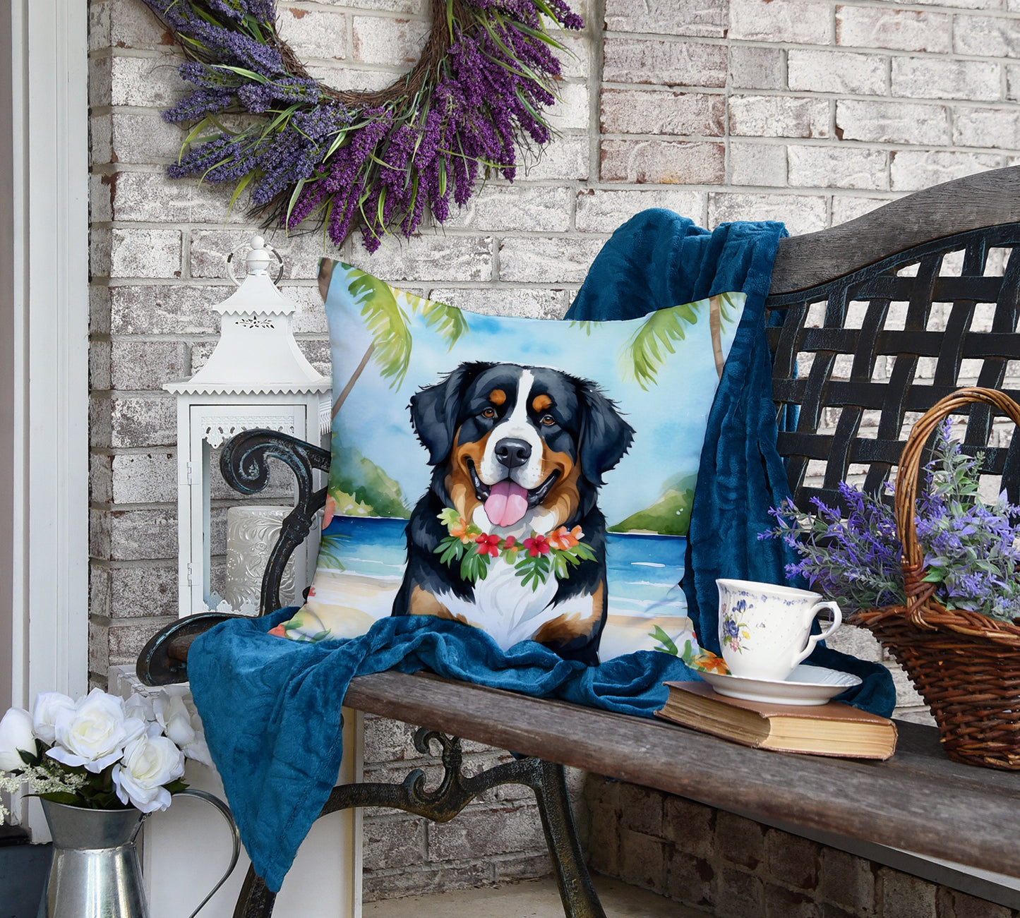 Bernese Mountain Dog Luau Throw Pillow