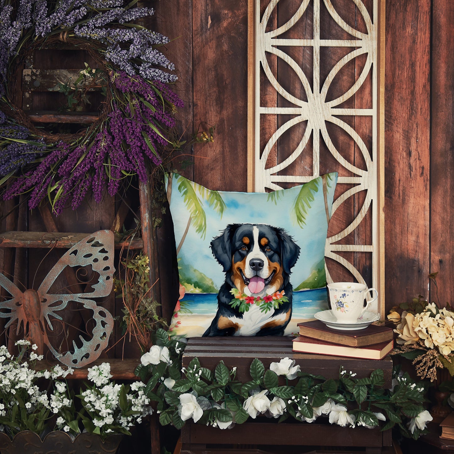 Bernese Mountain Dog Luau Throw Pillow