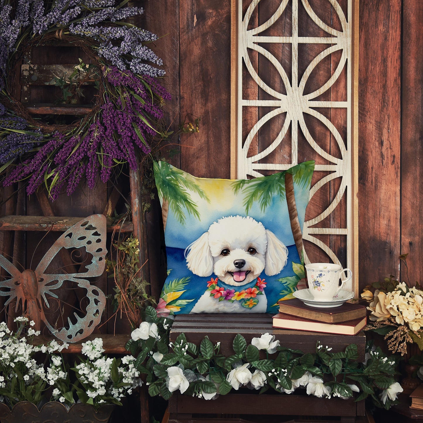 Bichon Frise Luau Throw Pillow