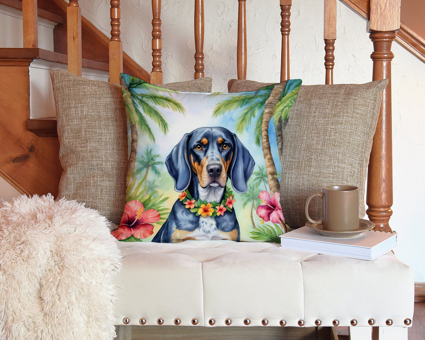 Bluetick Coonhound Luau Throw Pillow