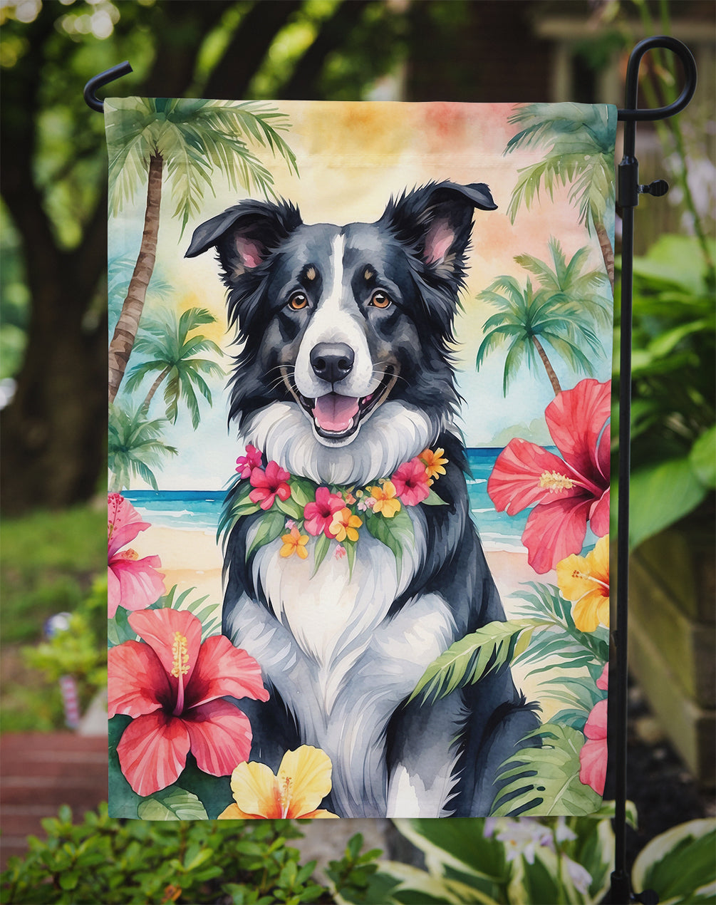 Border Collie Luau Garden Flag