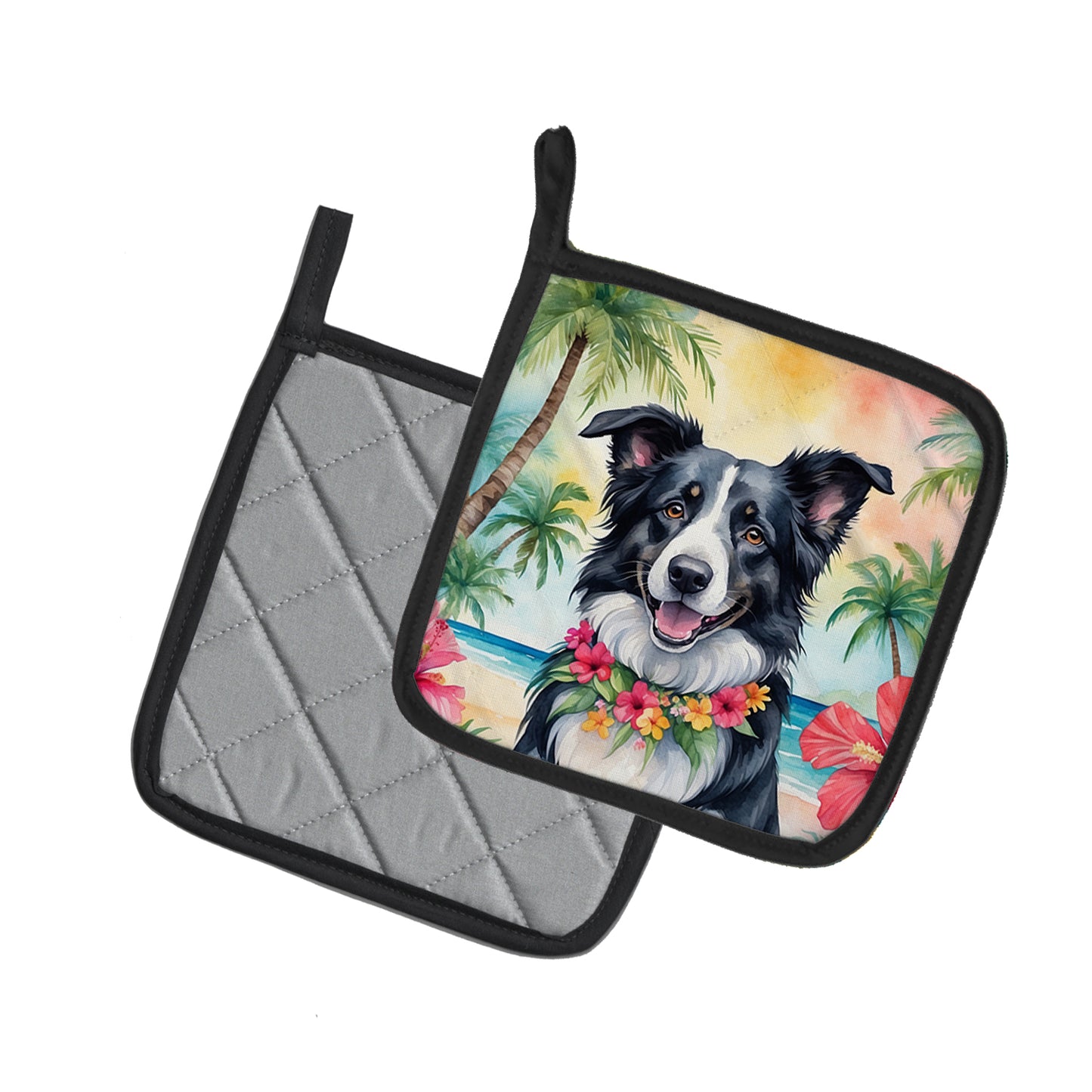 Border Collie Luau Pair of Pot Holders